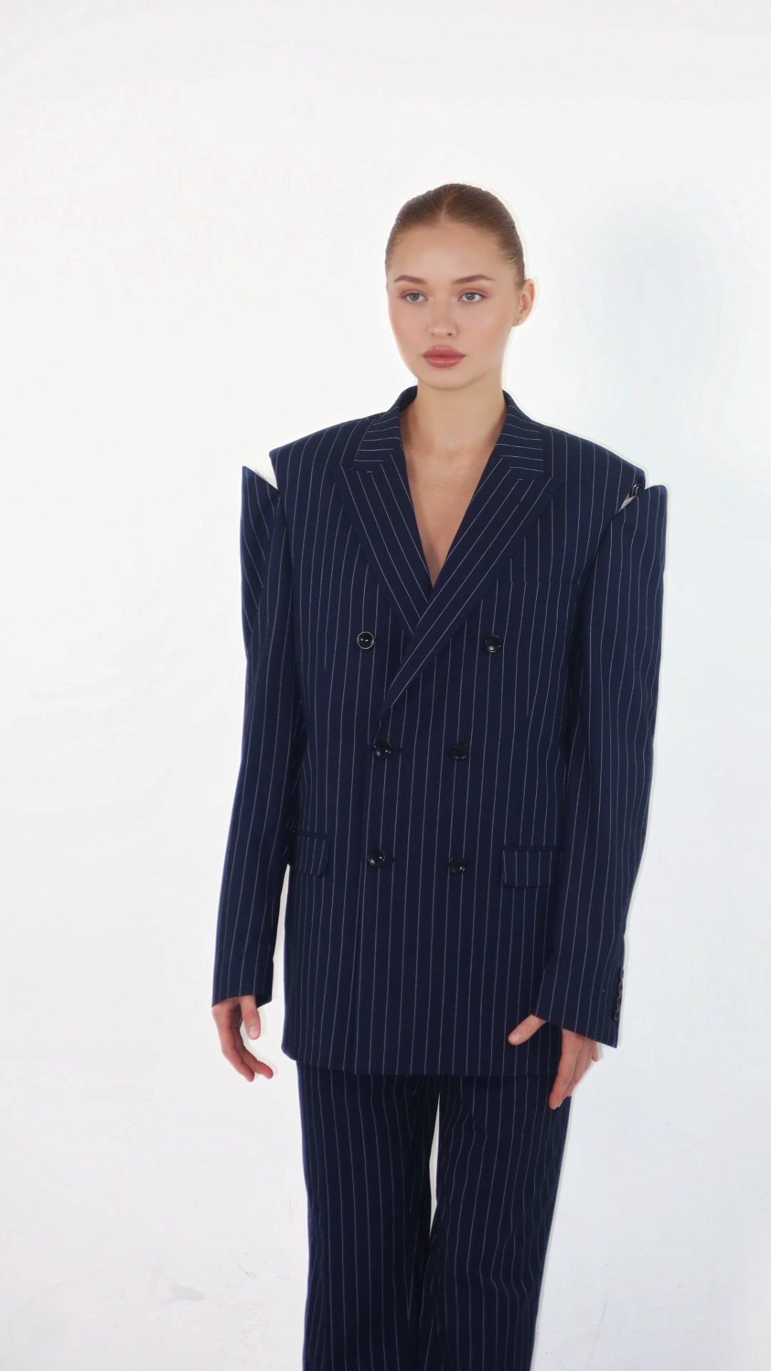 Dark Blue Pinstripe Suit With Cuts On Shoulders