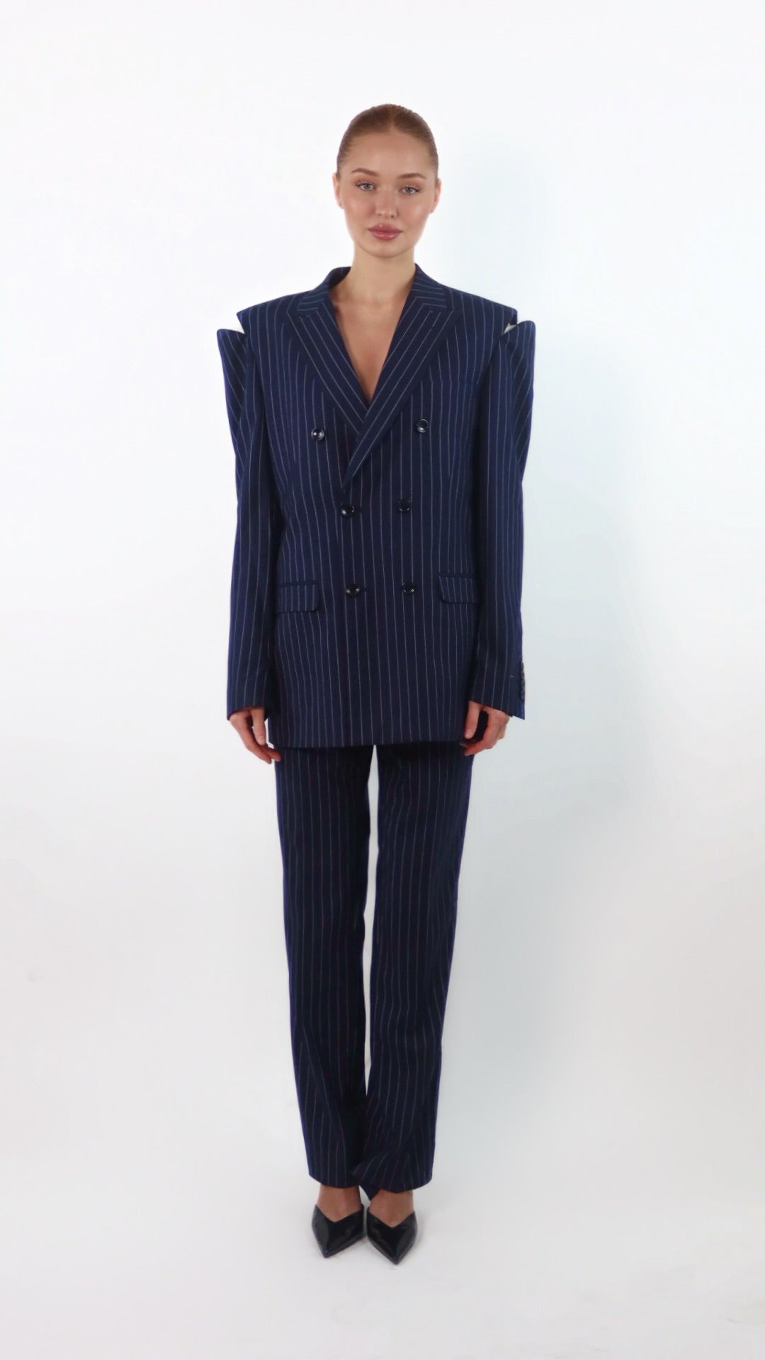 Dark Blue Pinstripe Suit With Cuts On Shoulders