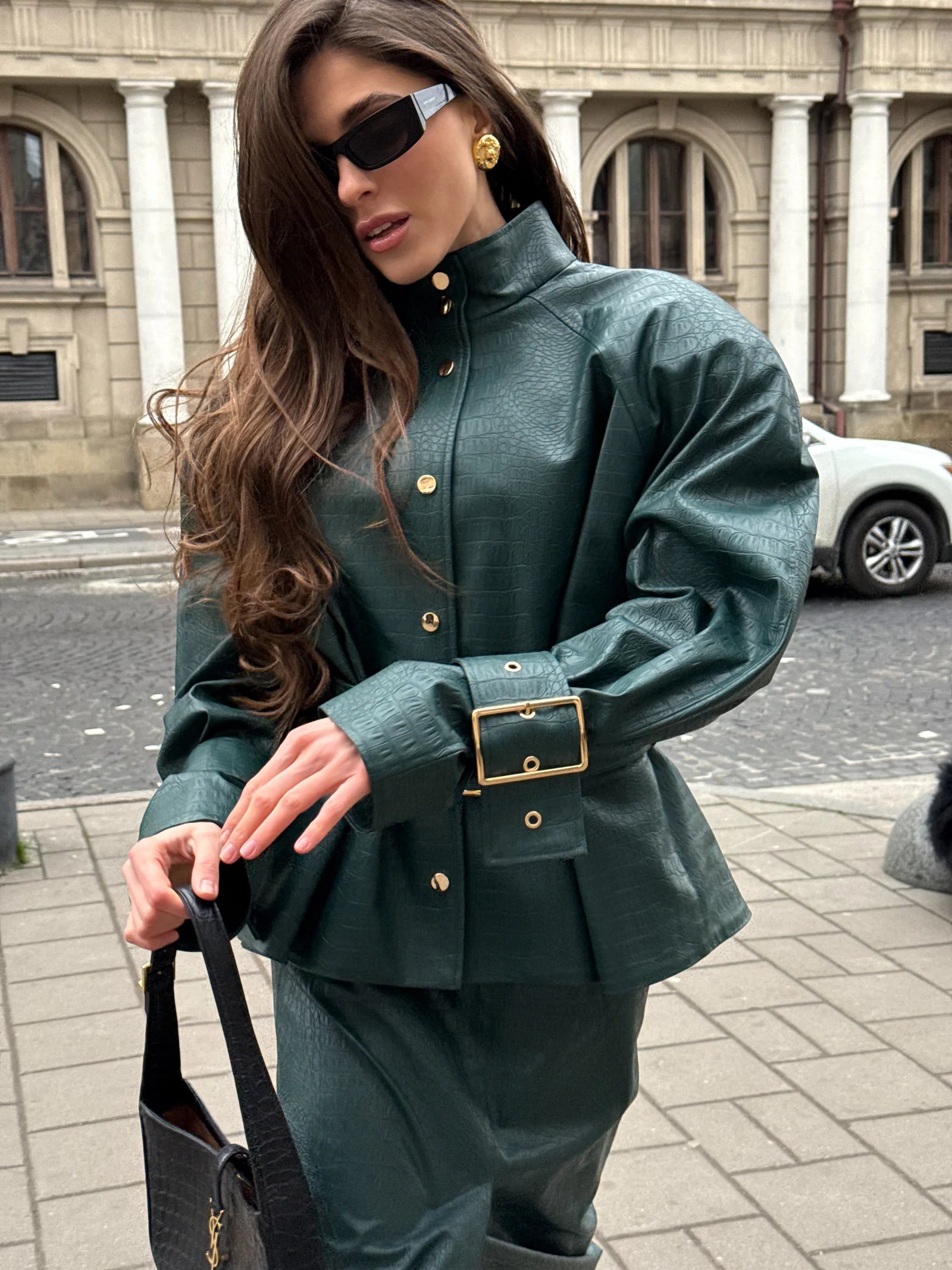 Allure Dark Green Jacket in Python print