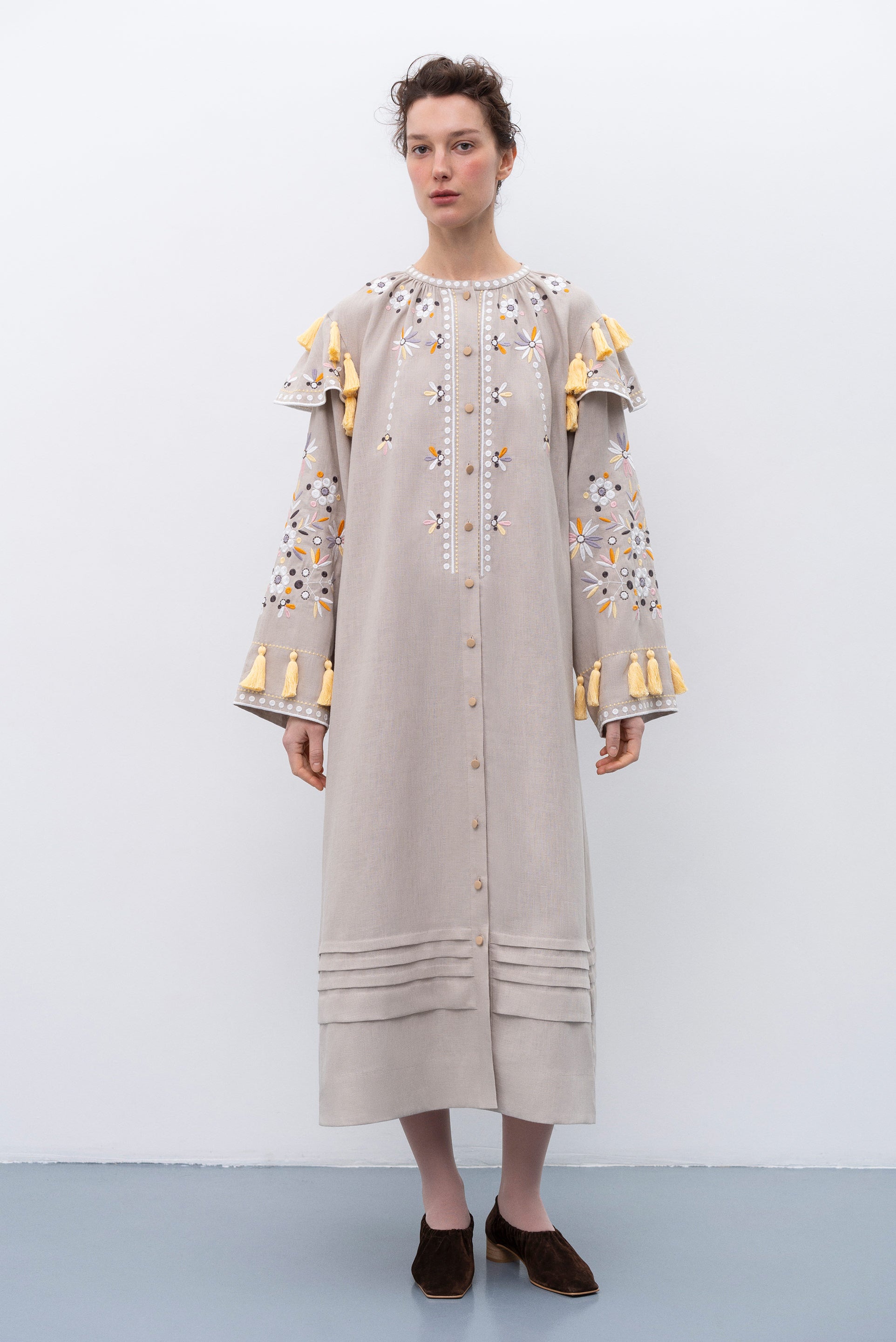Beige linen embroidered dress with floral motifs and tassels Vesnyanka