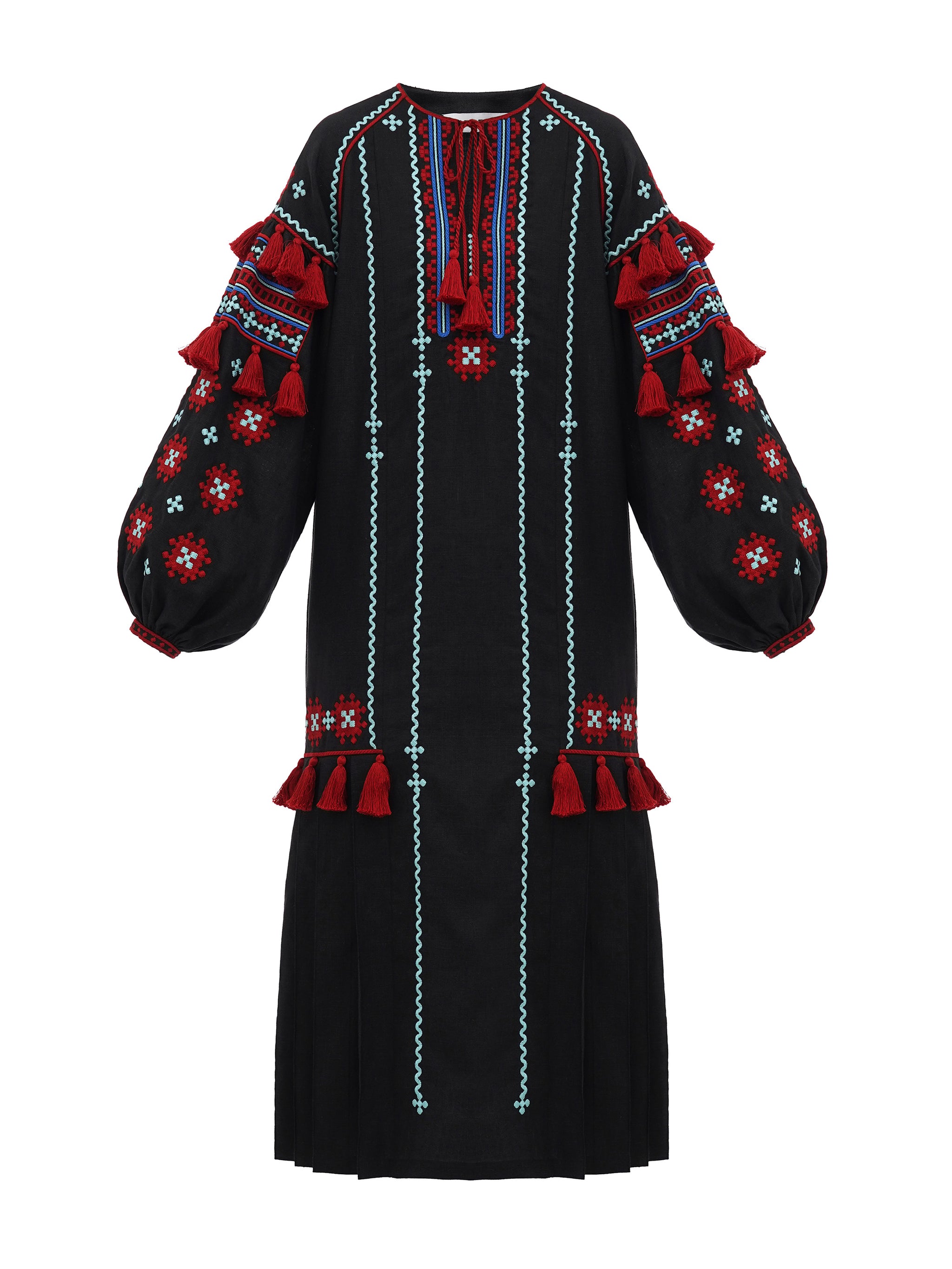 Black linen embroidered dress with contrasting ornaments and tassels Terra