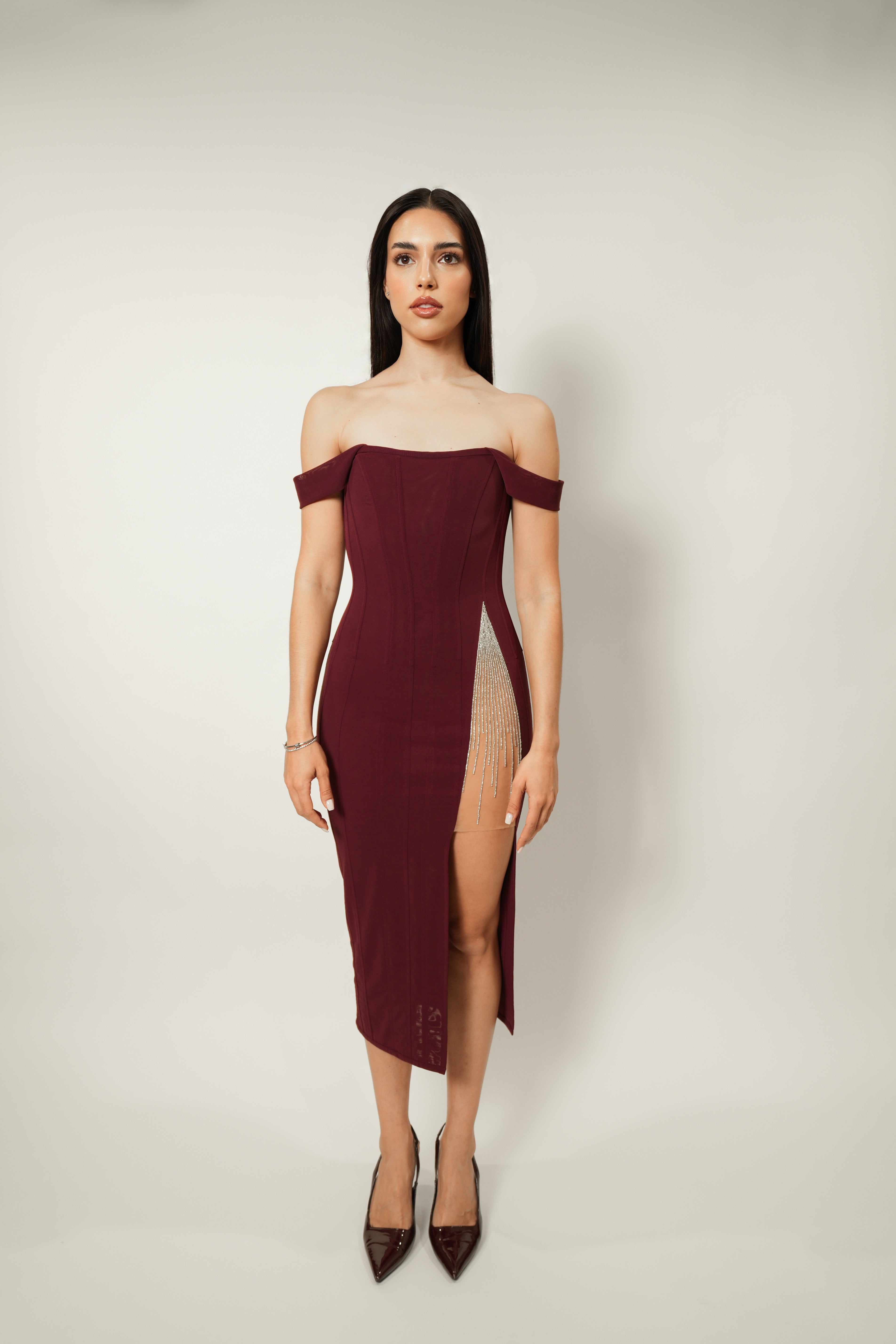 BUNDÏ X FROLOV BURGUNDY MIDI CORSET DRESS WITH CUT AND HANDMADE EMBROIDERY