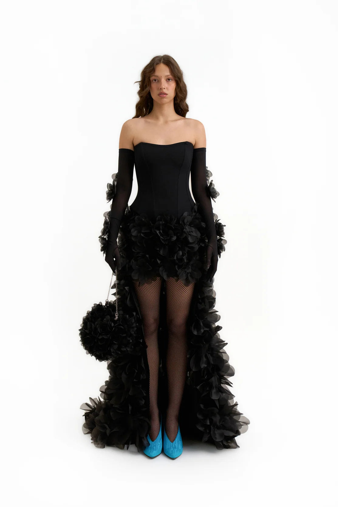 ALLA MAXI DRESS WITH TRAIN IN CHARCOAL BLACK
