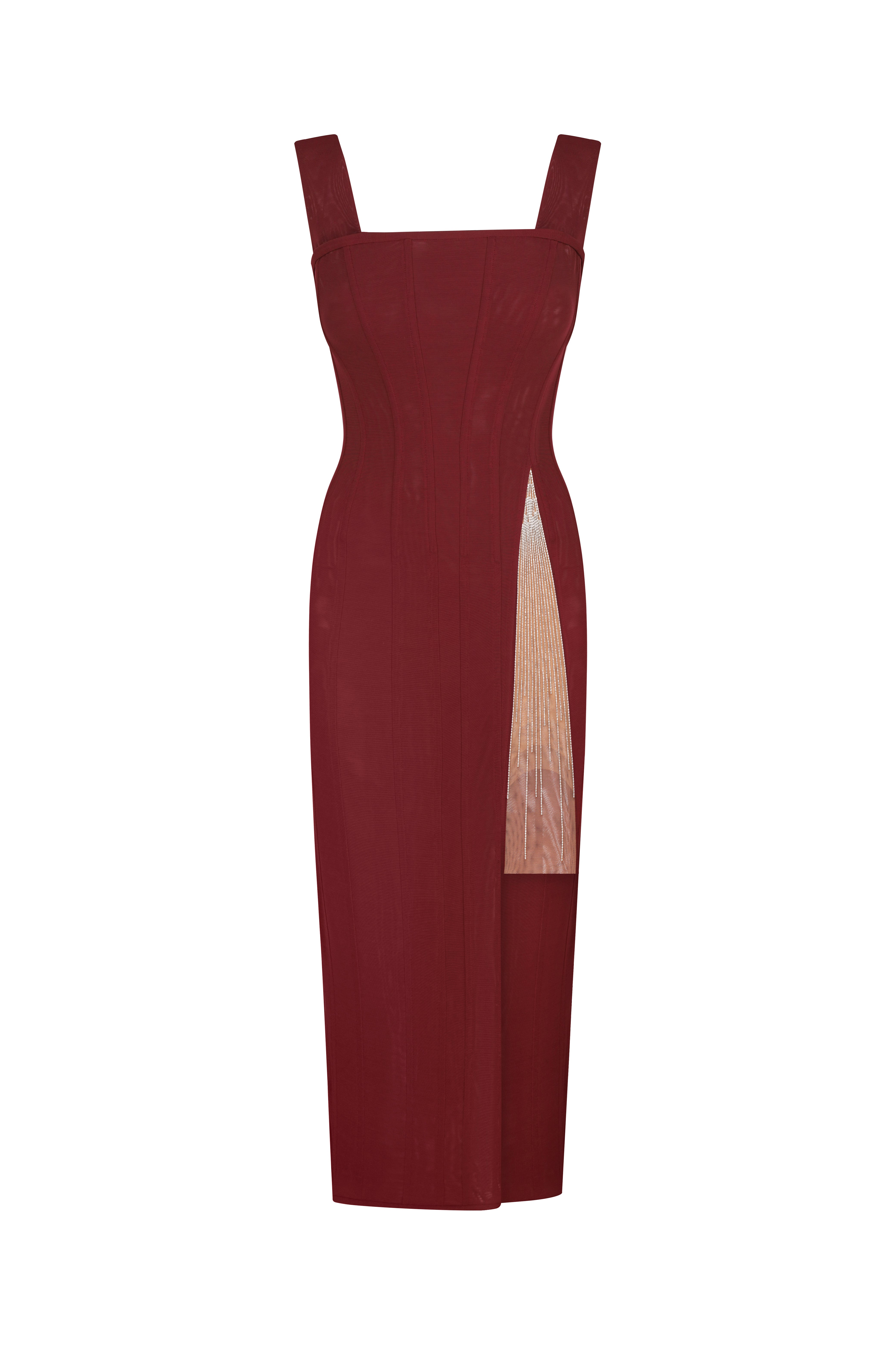 BUNDÏ X FROLOV BURGUNDY MIDI CORSET DRESS WITH CUT AND HANDMADE EMBROIDERY