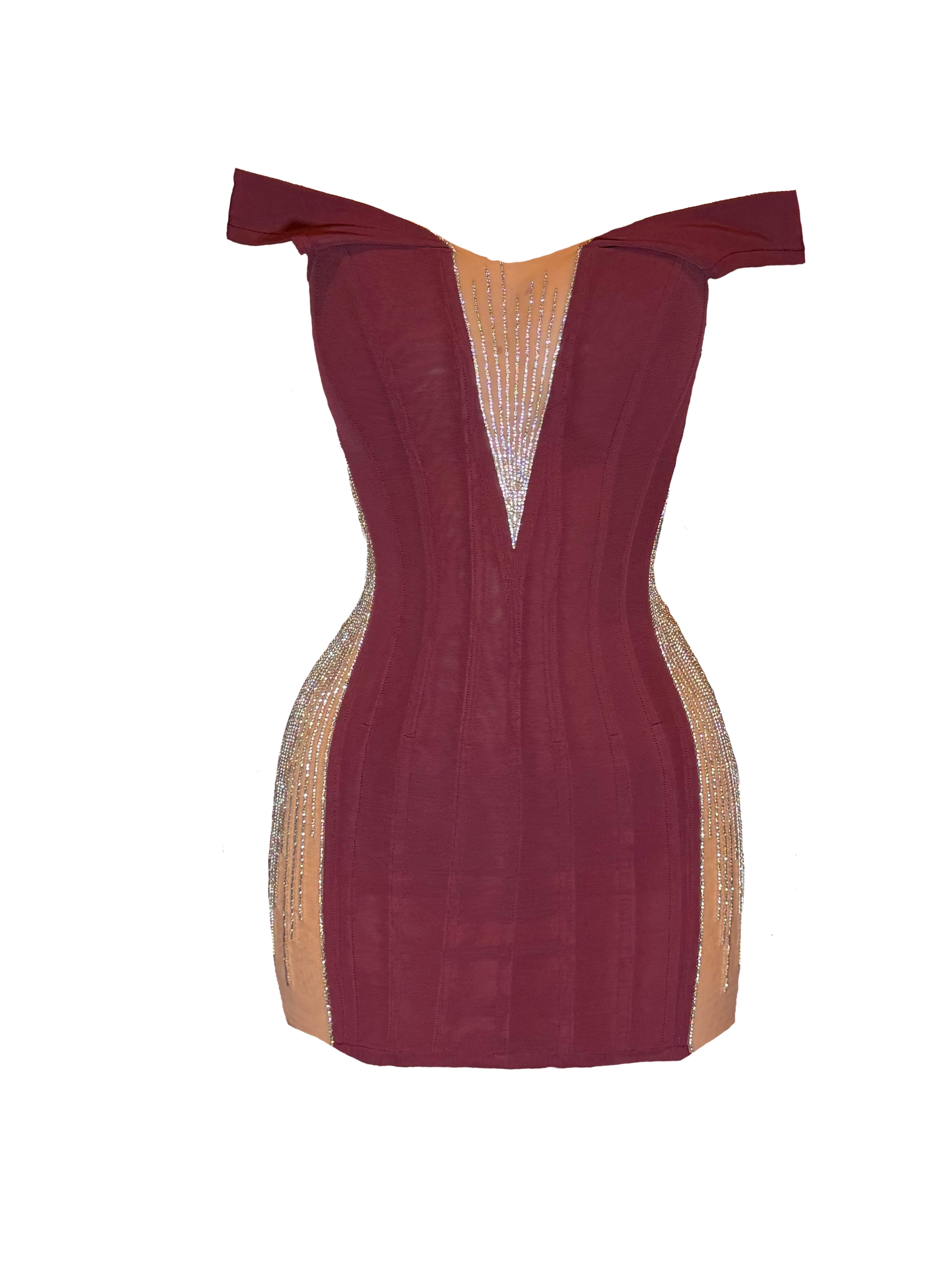 BUNDÏ X FROLOV BURGUNDY CORSET DRESS WITH CRYSTALS