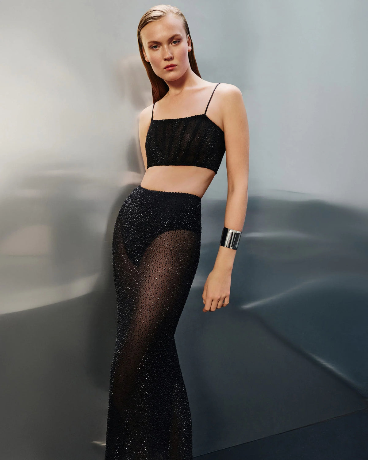 CRYSTAL MIDI SKIRT BLACK