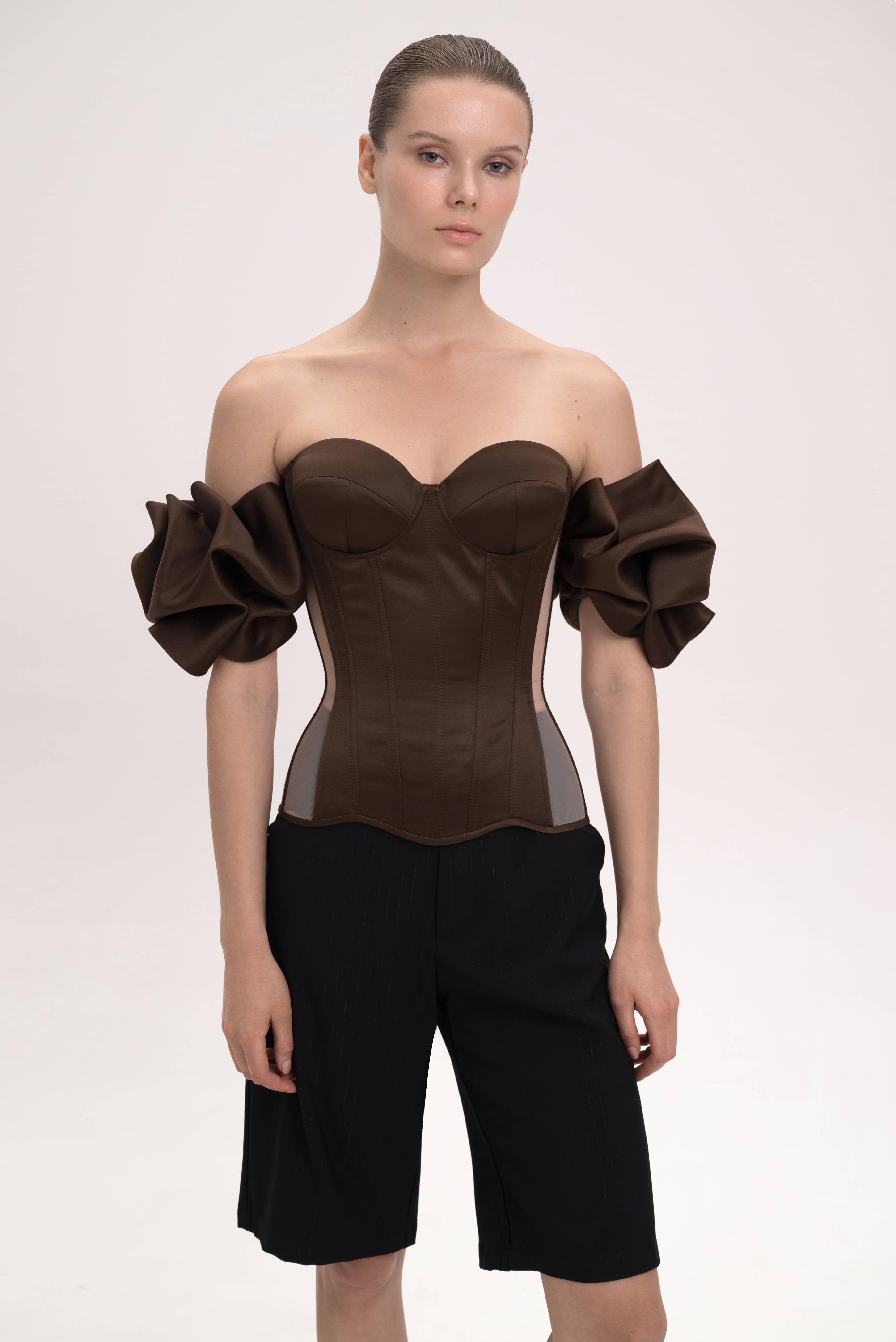 BROWN SATIN CORSET WITH TRANSPARENT BACK AND DETACHABLE SLEEVES