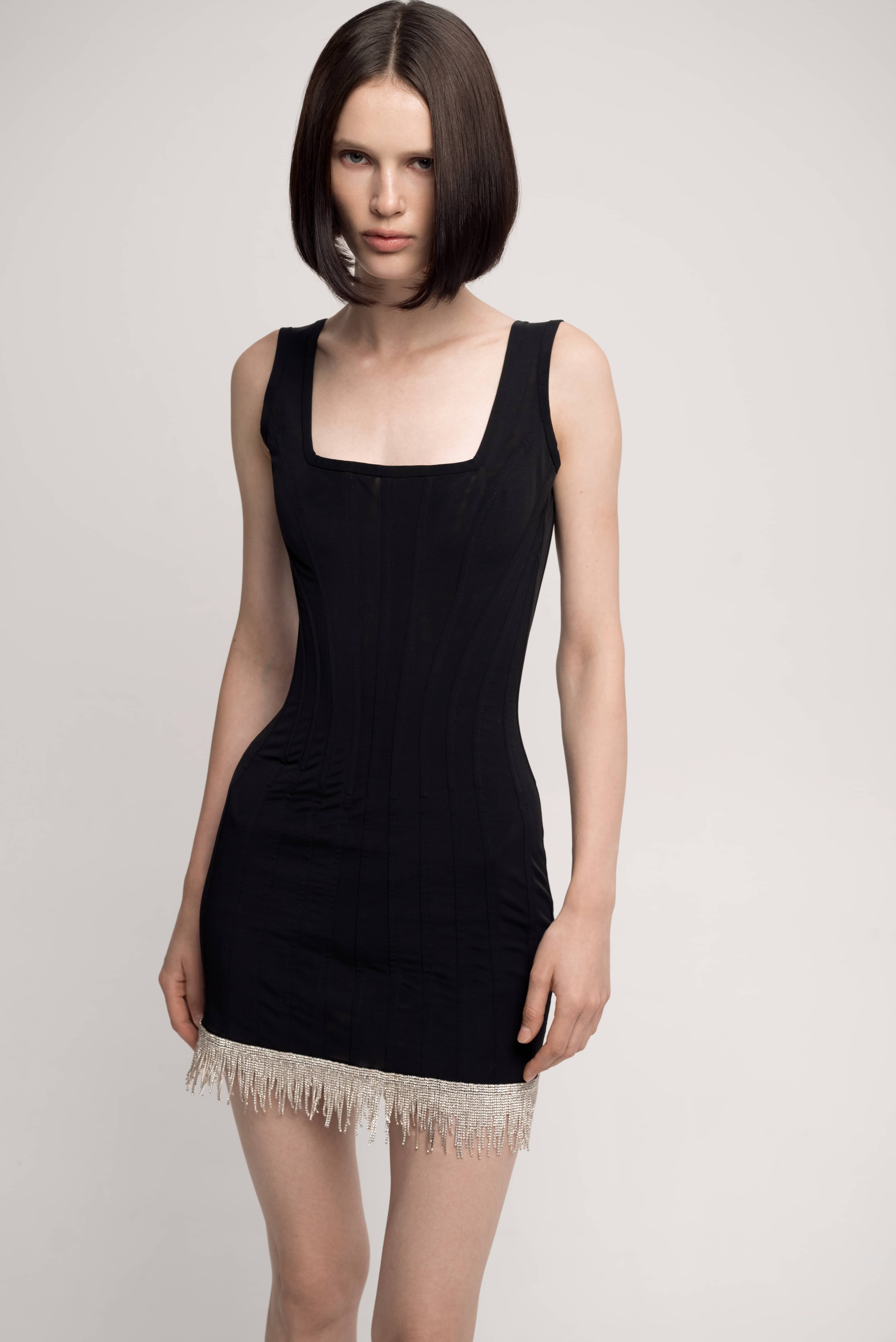 Corset dress with crystal fringe with corduroy front