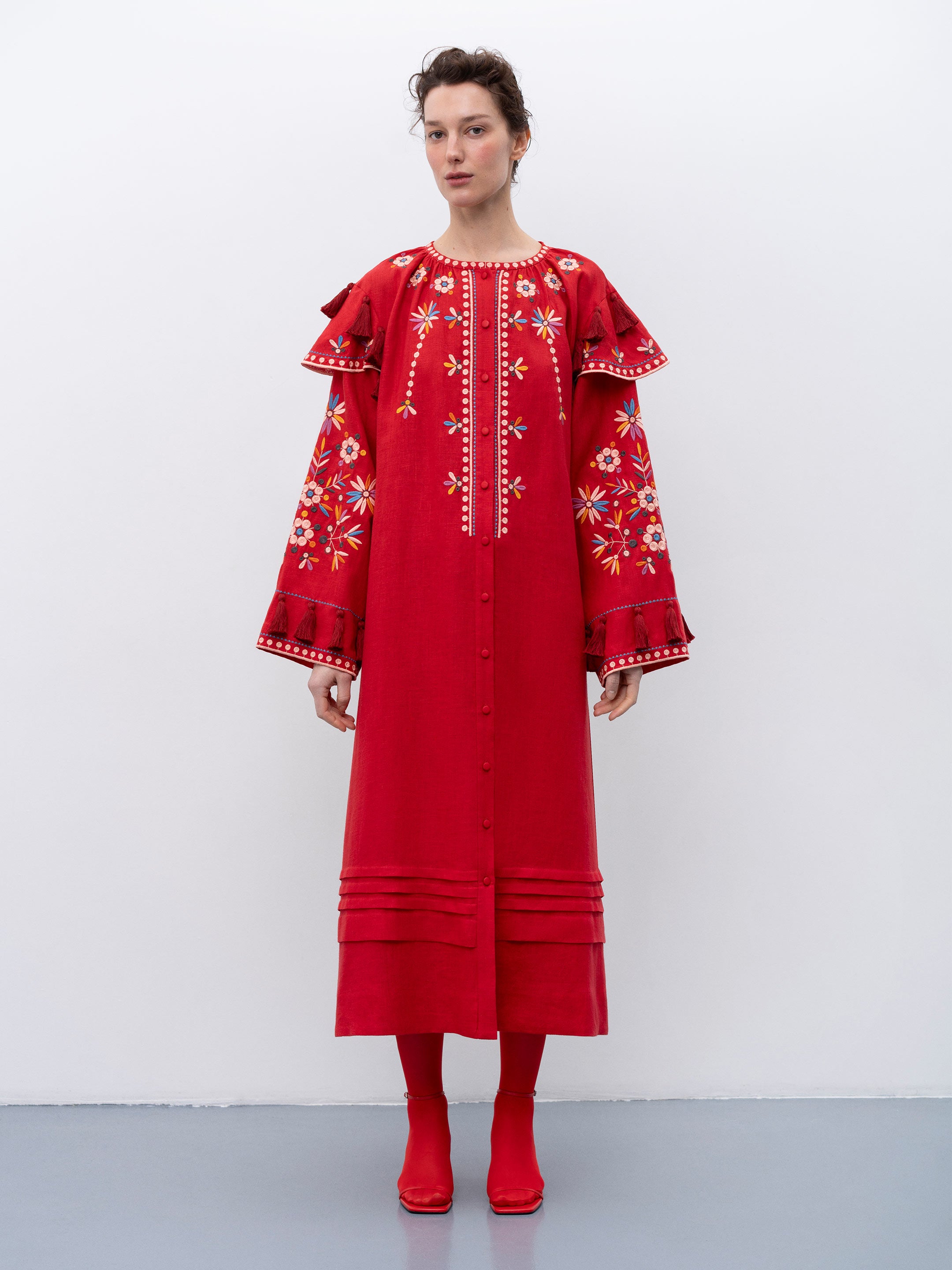 Red linen embroidered dress with floral motifs and tassels Vesnyanka Chervona