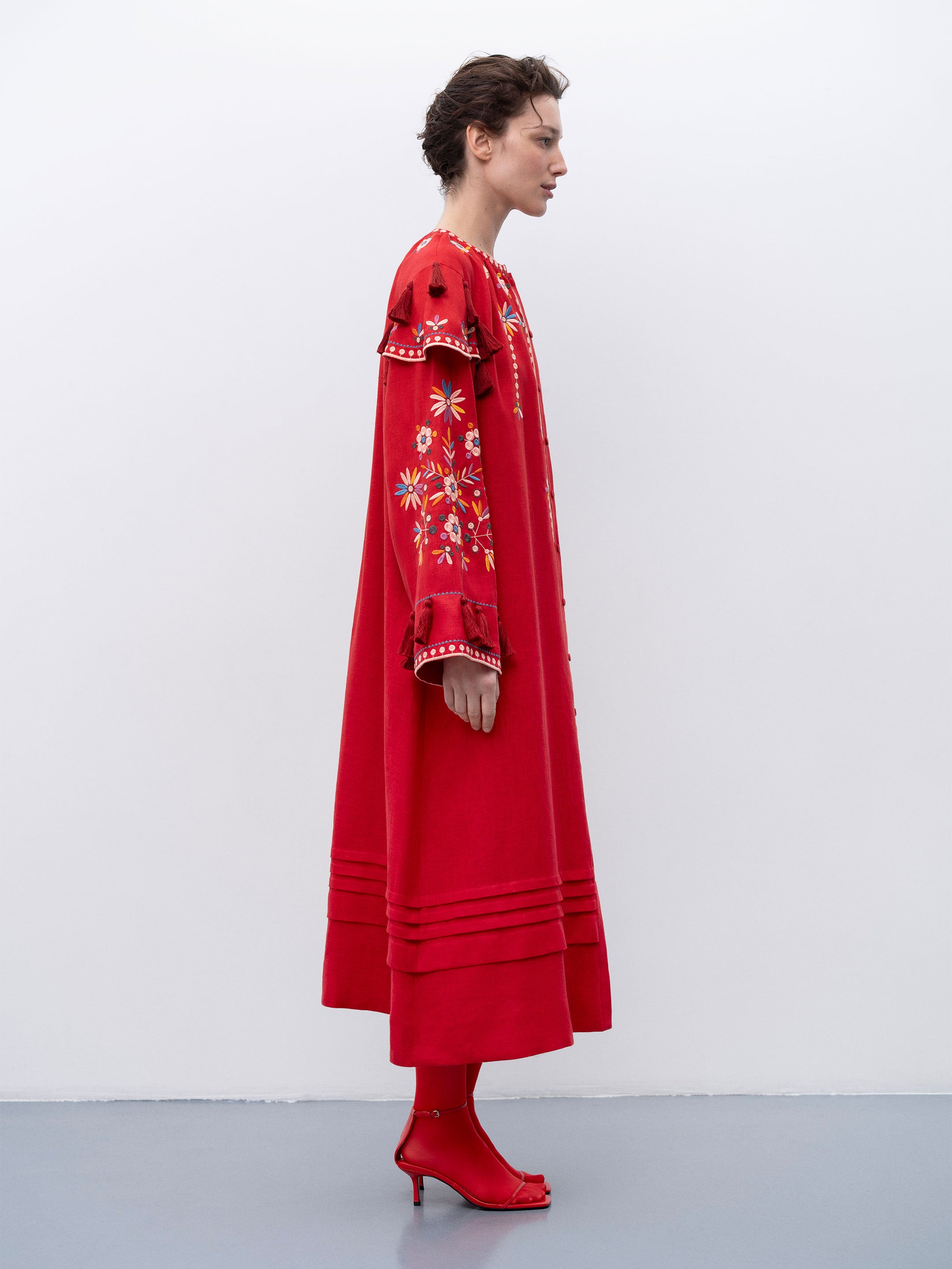 Red linen embroidered dress with floral motifs and tassels Vesnyanka Chervona