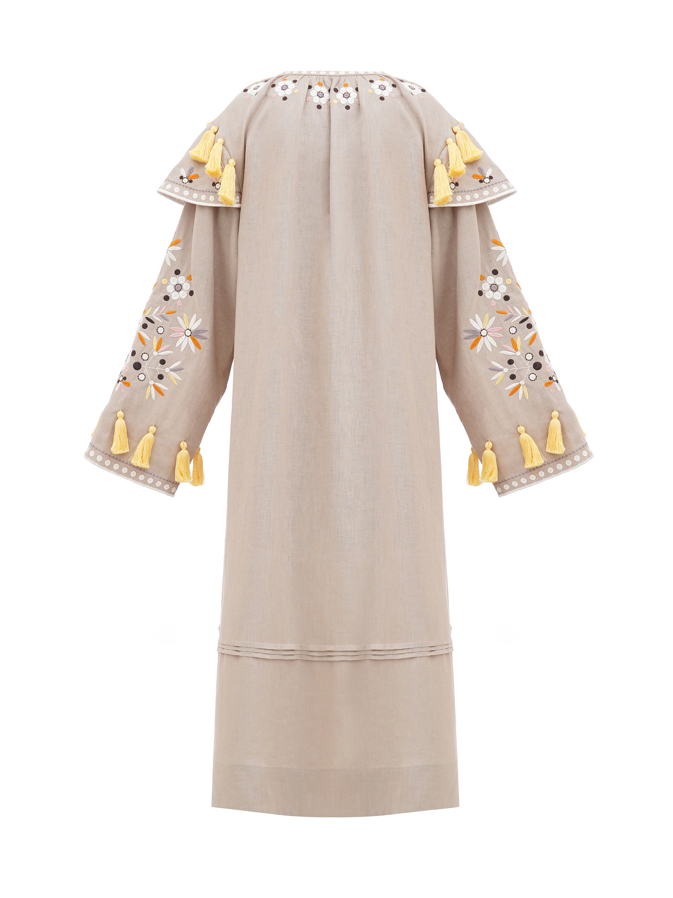 Beige linen embroidered dress with floral motifs and tassels Vesnyanka Beige