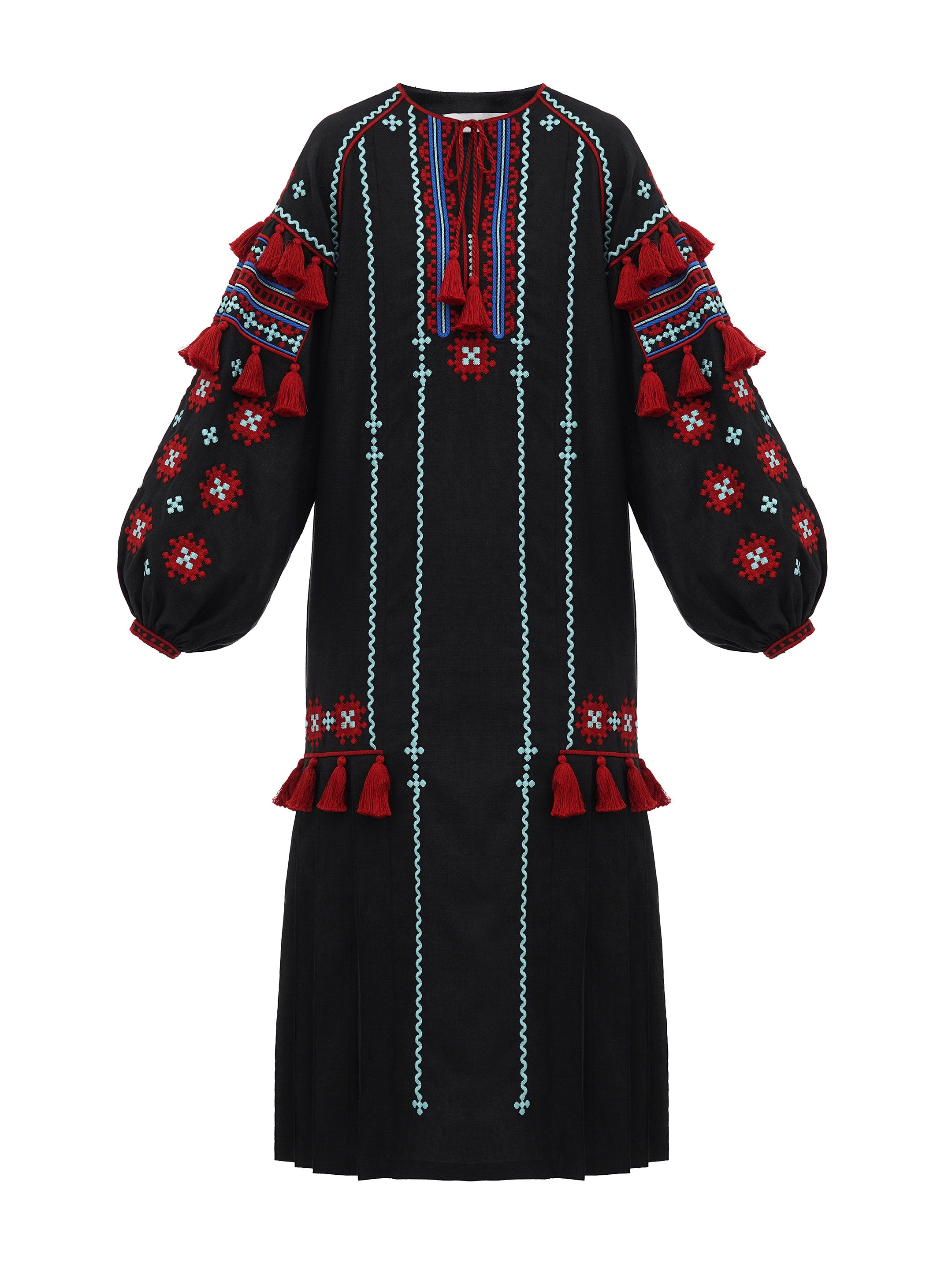 Black linen embroidered dress with contrasting ornaments and tassels Tera