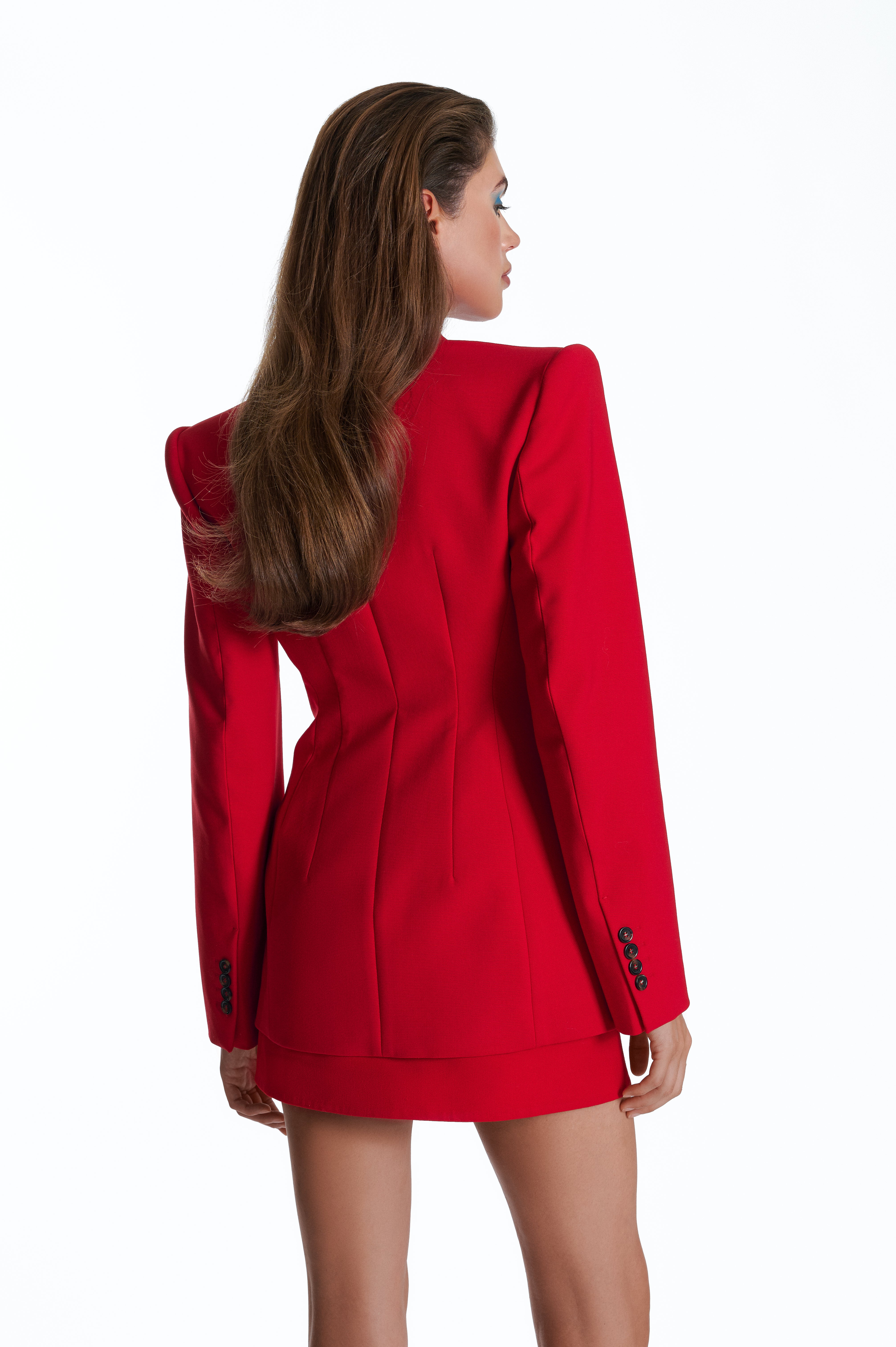 RED FITTED BLAZER SUIT WITH A MINI SKIRT