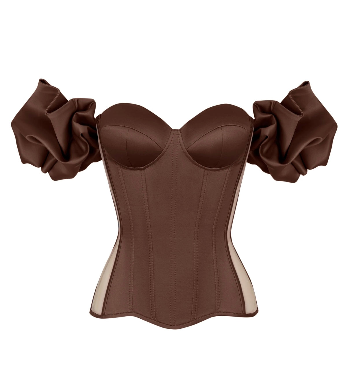 BROWN SATIN CORSET WITH TRANSPARENT BACK AND DETACHABLE SLEEVES