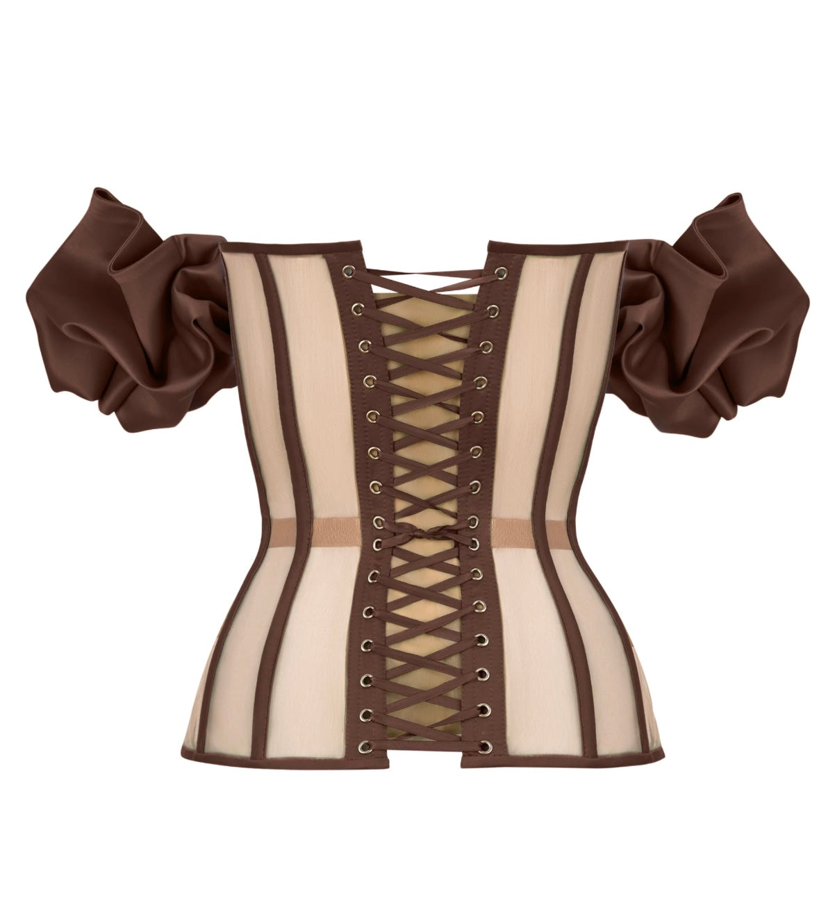 BROWN SATIN CORSET WITH TRANSPARENT BACK AND DETACHABLE SLEEVES